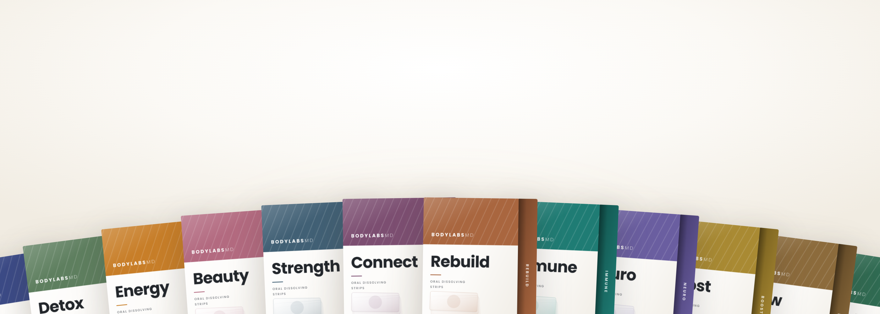 The twelve BodyLabsMD oral dissolving strip boxes fanned out